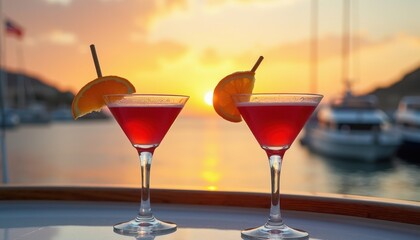 Elegant cocktails with fresh fruit on a yacht deck with a stunning sunset backdrop