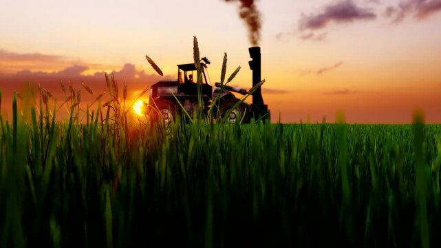 Tractor Working In The Field At Sunset