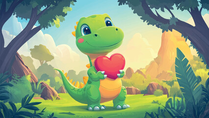 Naklejka premium Green Dinosaur Holding A Red Soft Heart In His Paws Cartoon Illustration Featuring A Cute And Playful Expression In A Colorful Background With Fun Details And A Joyful Atmosphere