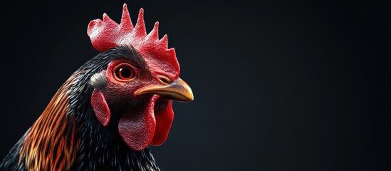 Close-up portrait of a rooster's face against a dark background, showcasing its red comb, bright eyes, and sharp beak.