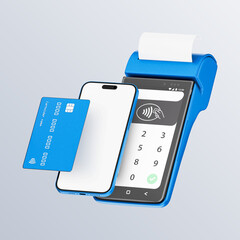 Contactless payment by credit card and mobile phone banking empty screen through the terminal 3d rendering on isolated white backround.