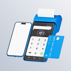 Contactless payment by credit card and mobile phone banking empty screen through the terminal 3d rendering on isolated white backround.
