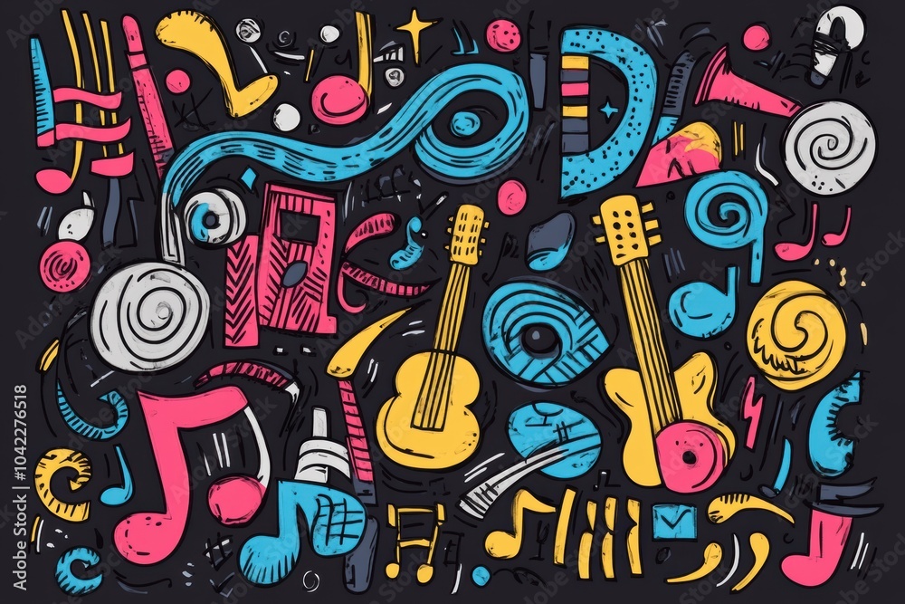 Poster a vibrant collection of doodles depicting musical instruments, notes, and sound waves, showcasing a 