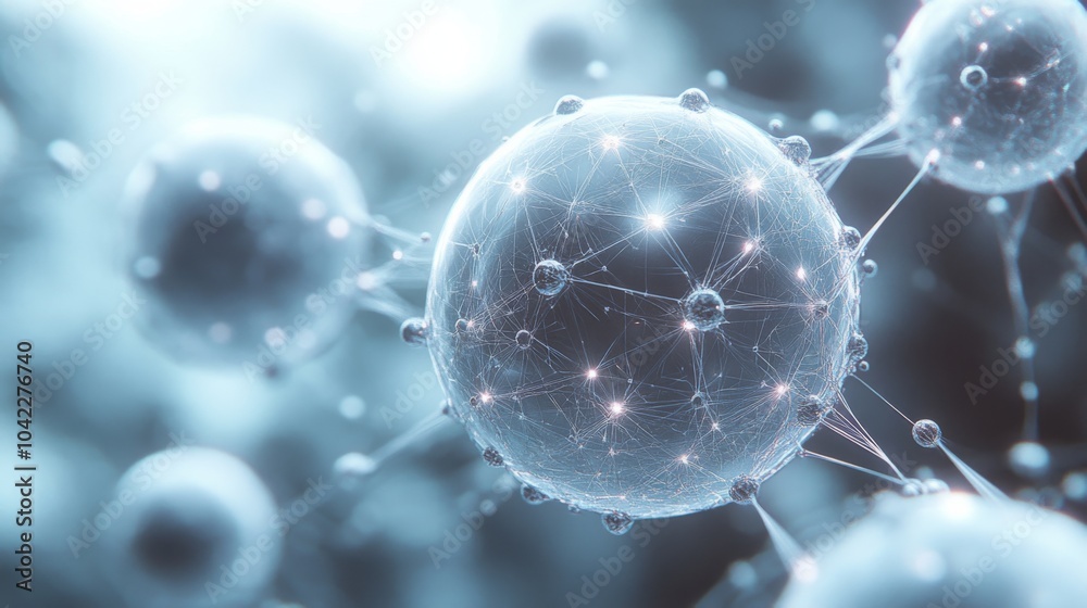 Poster illuminated molecular structures float in a vibrant blue environment, revealing intricate connection
