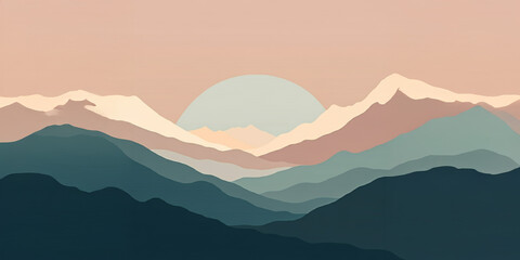 Dreamy pastel landscape, soft lines , gentle colors , fluffy clouds , rainbow mountains , minimalism