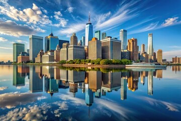 Reflection of Downtown Manhattan skyline in water from Governors Island in New York