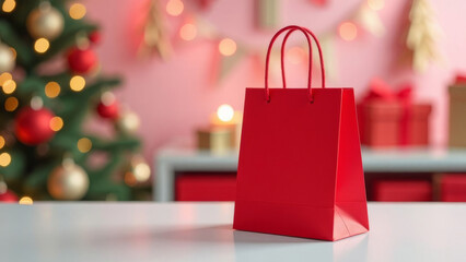 Festive holiday shopping scene with red gift bag and bokeh christmas decor