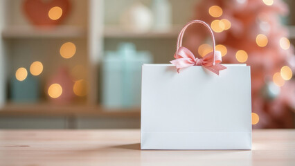 Elegant white gift bag with pink ribbon on wooden table - perfect for celebrations and holidays