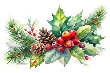 Horizontal watercolor illustration of pine cones, holly leaves, and red berries. Isolated on white with copy space, perfect for Christmas decor, greeting cards, and seasonal designs.