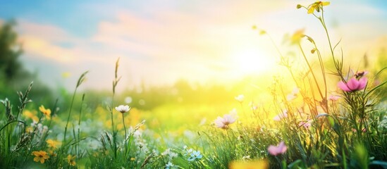 Obraz premium A field of wildflowers with a soft, golden sunset behind them.