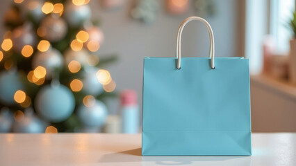 Elegant blue gift bag on festive background for holiday celebrations and shopping concepts
