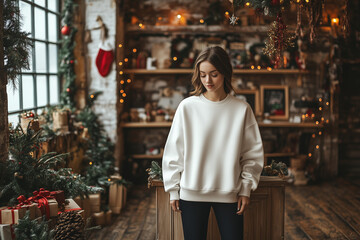 Obraz premium White sweatshirt mockup on a woman with Christmas background 