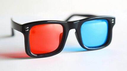 a pair of retro-style 3D glasses with one lens tinted red and the other tinted blue. The black...