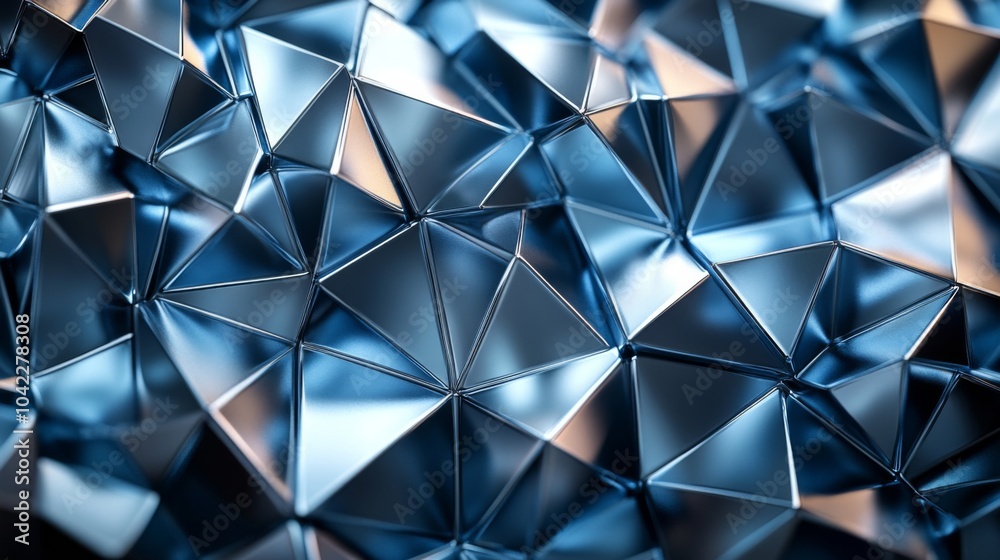 Leinwandbilder A surface covered in triangular metallic shapes reflects light with a blend of blues and silvers, creating a dynamic and modern visual effect that evokes a sense of depth.