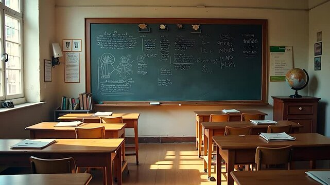 Empty Traditional Classroom with Chalkboard and Desks