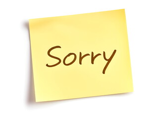 A yellow sticky note with the words "Sorry" written on it in black marker, isolated on a white background. Good for asking for forgiveness when a mistake happens