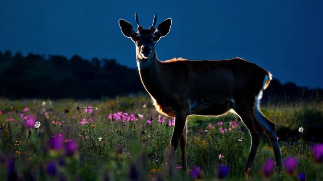 Deer glowing in the moonlight, surrounded by vibrant wildflowers.
