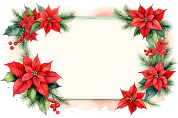 Obraz premium Watercolor festive Christmas frame with vibrant red Poinsettia flowers, fir branches, and green leaves, with copy space in center. For holiday-themed designs, greeting cards, seasonal decorations