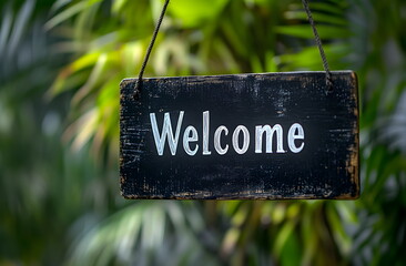 Wooden sign on a rope with the word "Welcome" against the background of a green greenhouse with plants, ideal for business and hospitality places.