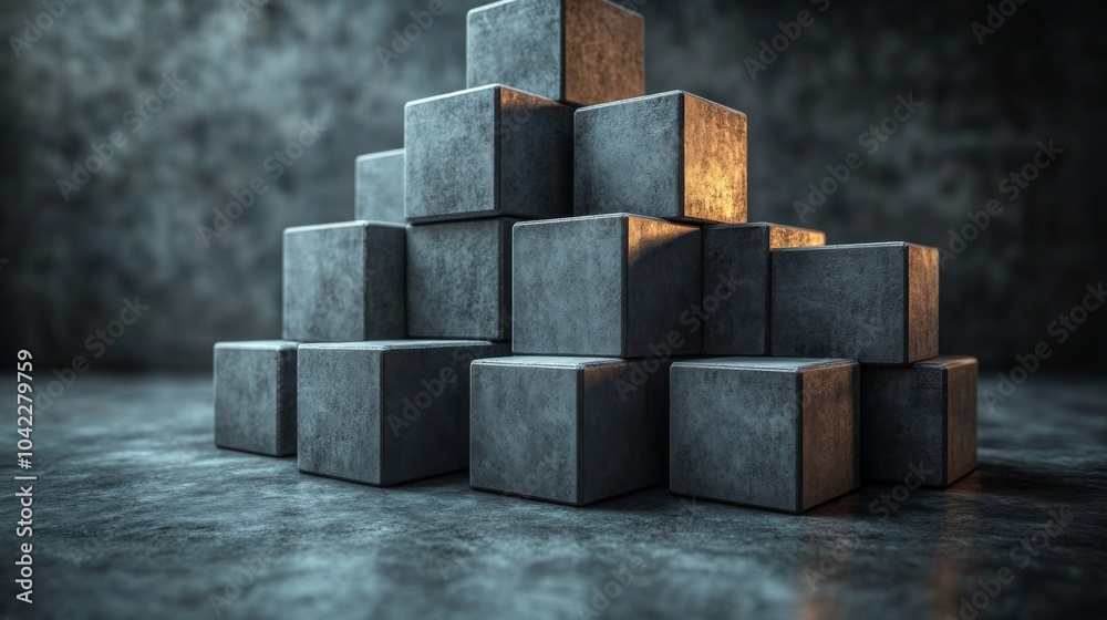 Poster A structured arrangement features gray concrete blocks stacked in a pyramid shape. Gentle lighting highlights their rough texture, creating a modern aesthetic in a subdued space.