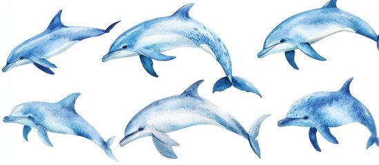 Obraz premium Six watercolor dolphins leaping in a variety of poses against a white background.