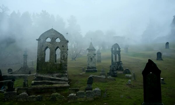 shot with ambient fog: The camera starts high above a Gothic graveyard with ambient fog rolling over the graves. The camera cranes downward to reveal old, weather-beaten tombstones and an ancient maus