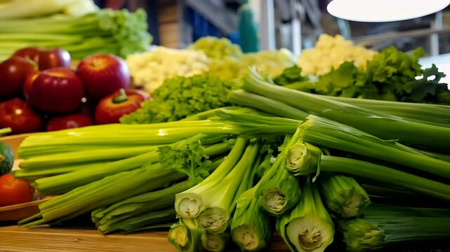 vibrant colors fresh celery supermarket Vietnam closeup footage organic green harvested vegetable farm emphasizing beauty produce harvest season highquality 4K industry low