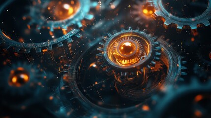 Metallic gears intertwined with glowing orbs in a fluid backdrop of neon and digital particles