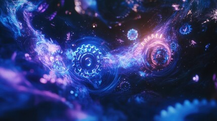 Obraz premium Futuristic background of glowing gears and flowing neon trails with a liquid texture