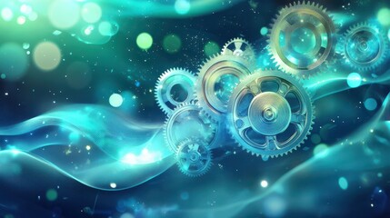 Obraz premium Gears float in a liquid-like background with glowing waves and a soft gradient of blue and green