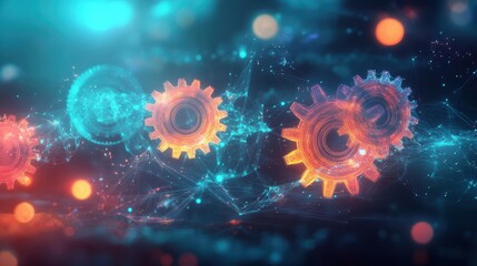 Obraz premium Abstract gears and cogs glow in a neon liquid backdrop with soft light lines and starry points