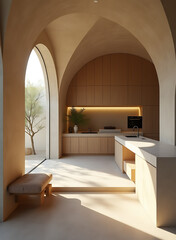 curved minimalist design earthy tones natural light kitchen concrete walls natural