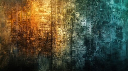 Obraz premium Ancient hieroglyphs glow on a stone-like surface with soft golden light and rich blue-green gradients