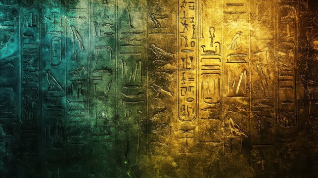 Hieroglyphic symbols etched into a stone-like texture with glowing light and blurred gold-blue gradients