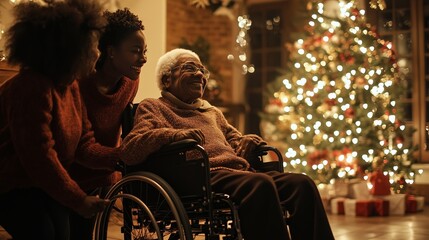 A joyful family reunion around a Christmas tree. Warm lights and festive atmosphere highlighting love and care.