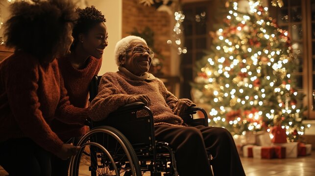 A joyful family reunion around a Christmas tree. Warm lights and festive atmosphere highlighting love and care.