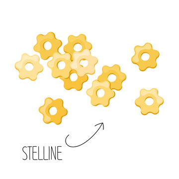 Dry raw italian pasta stellini with lettering isolated on white background.
