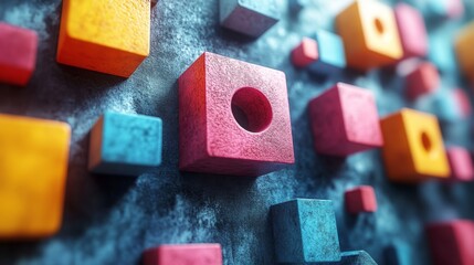 Fototapeta premium Various colorful shapes, including squares and a circle, are arranged against a textured background. The vivid colors and unique arrangement create a striking abstract visual.