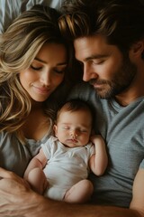 loving parents with their sleeping newborn in bed &ndash; ideal for family, love, and parenting themes