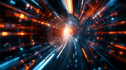 Naklejka premium Futuristic Tunnel of Neon Lights and Speed Motion Display Image