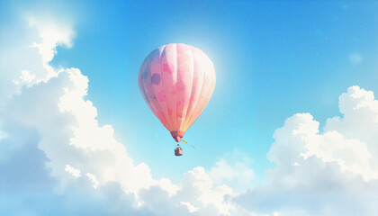 Obraz premium Colorful hot air balloon soaring through a bright blue sky with fluffy white clouds