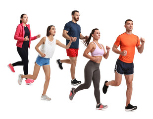 Fototapeta premium People in sportswear running on white background
