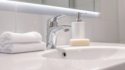 Fototapeta premium A clean bathroom sink with chrome fixtures and ample space for copy on the white wall