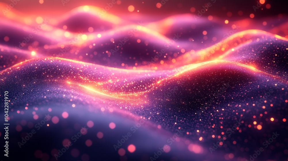 Fototapete A captivating display of abstract waves undulating in rich purple and orange hues, filled with glowing particles, creates an enchanting digital environment.