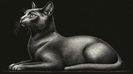 Engraved Sketch of an Ancient Egyptian Cat Statue - Vector Illustration