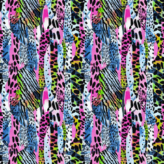 Fun girly camouflage pattern in vibrant stripes and spotted seamless design . Modern skin texture patched effect for festival and beach wear style in repeat .