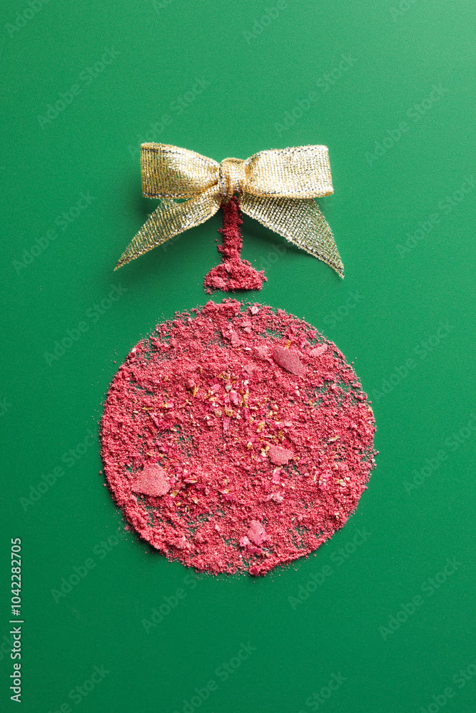 Sticker Christmas ball made of blush and bow on green background, top view