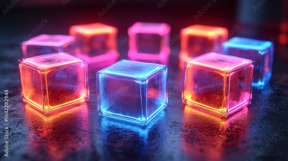 Fototapete a variety of glowing ice cubes in shades of pink and blue are arranged on a dark surface, creating a
