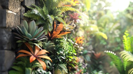 Obraz premium Wallpaper of vertical garden with tropical plants blurred stone wall creating a serene backdrop