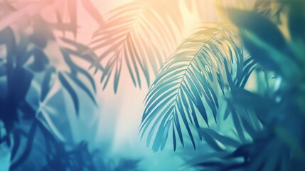 Wallpaper of tropical leaves with intricate textures and soft light blurred green-blue background